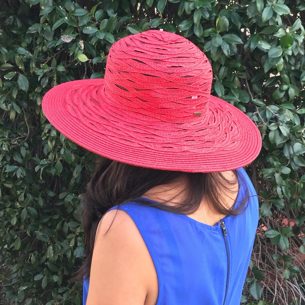 Nine West Red Floppy Beach Hat Weaved With Mesh